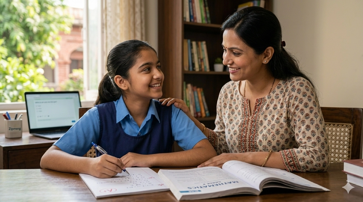 A dedicated home tutor in Lucknow smiling and guiding a school student