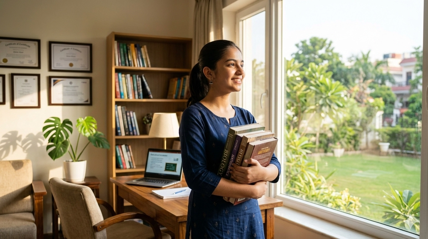 A young and confident home tutor in Lucknow holding books in study room